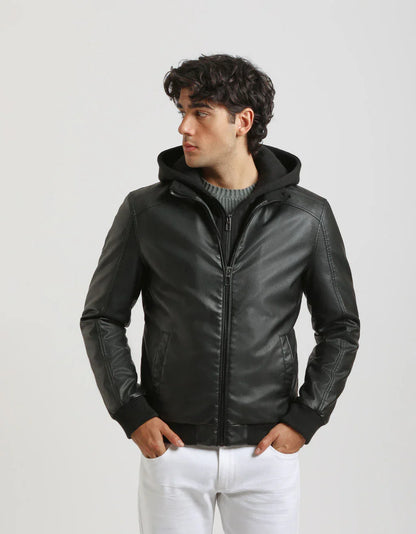 Bomber effetto pelle con cappuccio