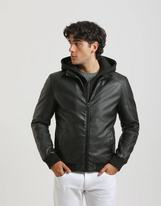 Bomber effetto pelle con cappuccio